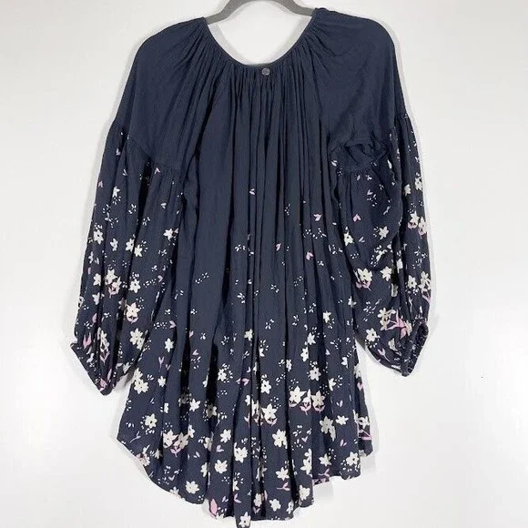 Billabong Gypset Mini‎ Dress Womens Floral Pleasant Long Sleeve Tunic Blue Small - Picture 2 of 10